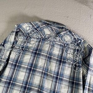 Pop Icon Clothing Shirt Mens Medium Blue Plaid Western Pearl Snap Embroidered